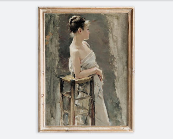 European Vintage Woman In White Dress Portrait Painting Wall Art Print Antique Standing Girl Poster Moody Neutral Farmhouse Figure Vp437