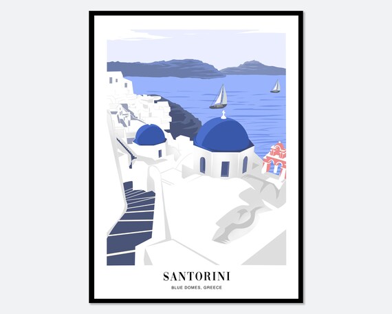 Santorini Blue Domes Greece Aegean Sea Sailboat Travel Poster