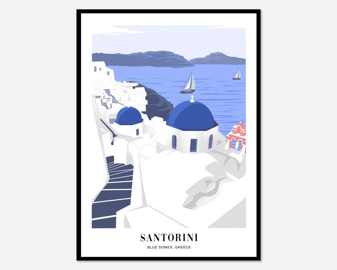 Santorini Blue Domes Greece Aegean Sea Sailboat Travel Poster