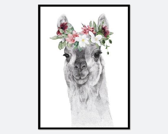 Llama With Flowers Safari Nursery Art Print