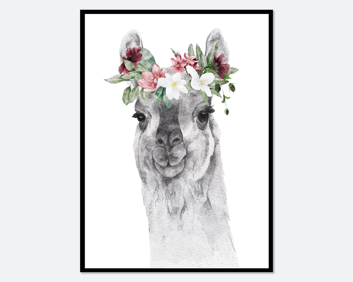 Llama With Flowers Safari Nursery Art Print