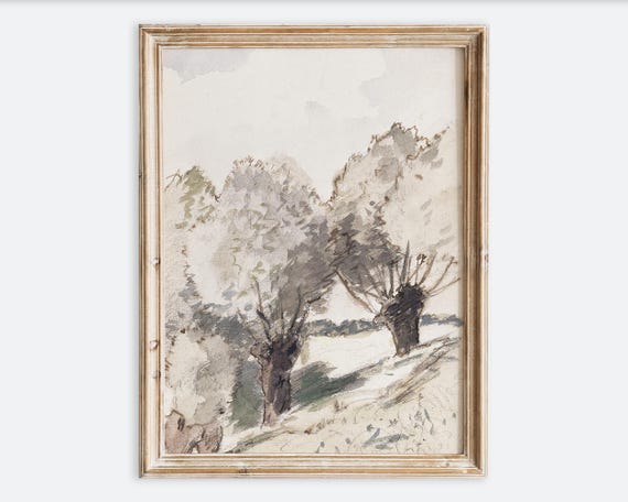 Vintage European Rustic Trees Watercolor Painting Wall Art Print Muted Moody Forest Landscape Neutral Toned Farmhouse Antique Poster Vp231