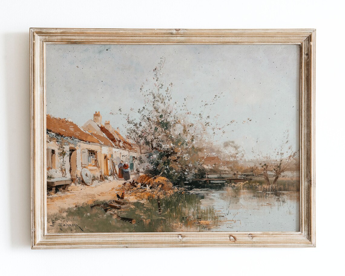 European Village Riverside Cottage Vintage Oil Painting Poster