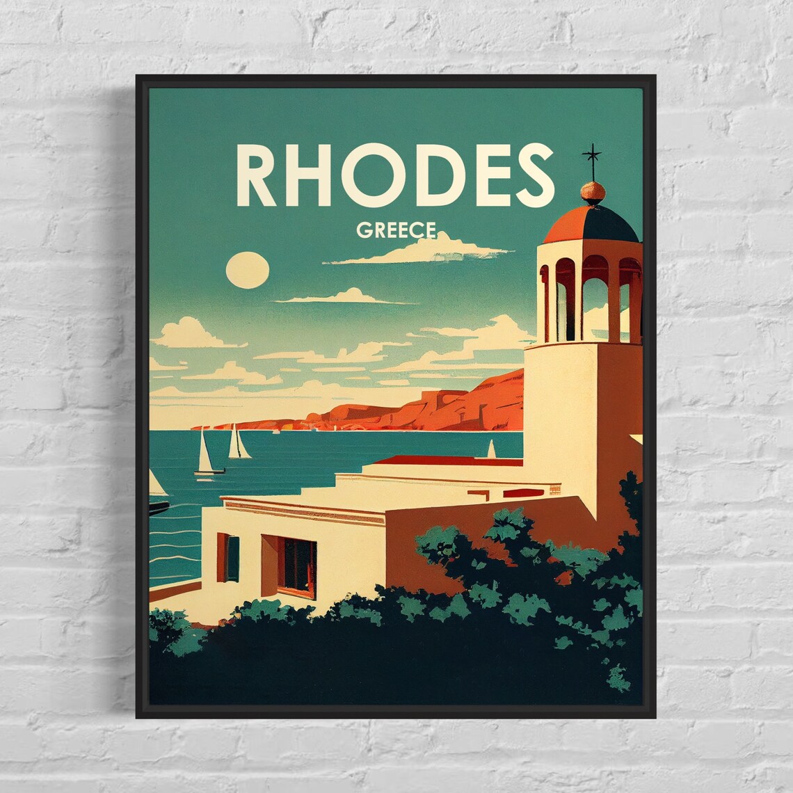 Rhodes Greece Coastal Bell Tower Sailboats Vintage Travel Poster