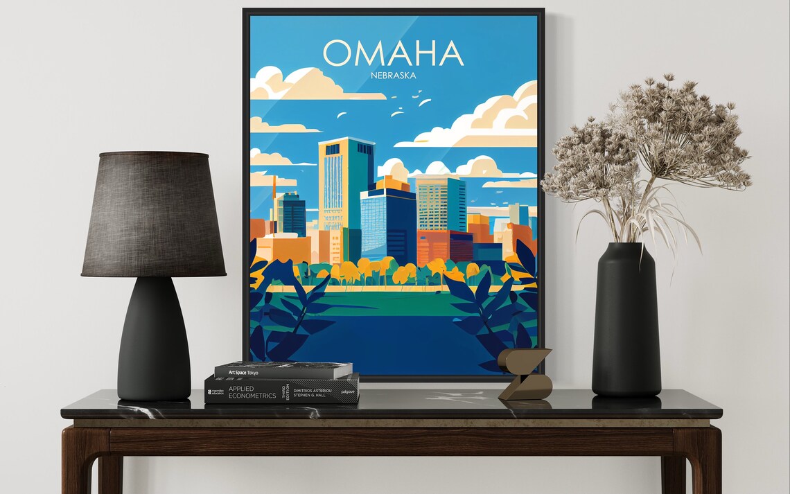 Omaha Nebraska City Skyline River Blue Sky Travel Art Poster - Image 2