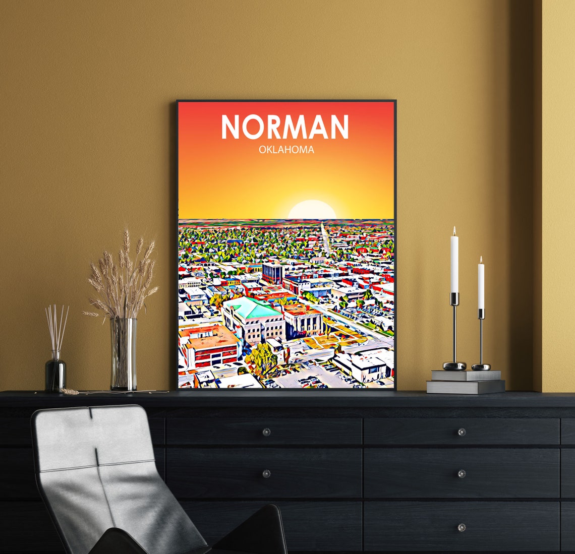 Norman Oklahoma Sunset Aerial Cityscape Vivid Color Art Poster - Image 2