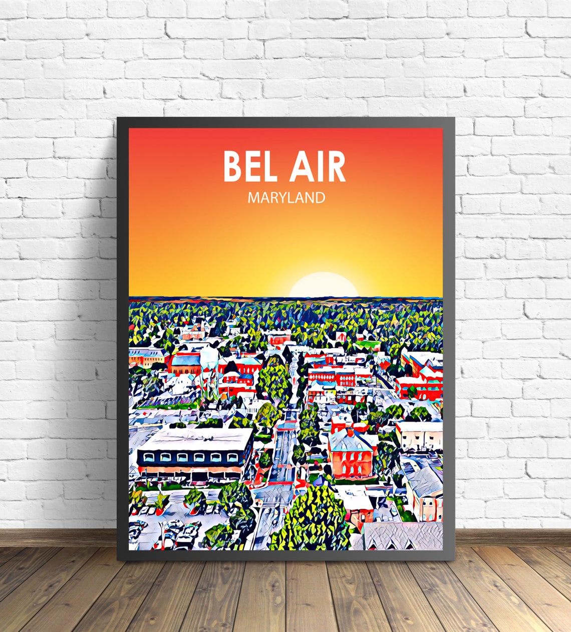 Bel Air Maryland Sunset Downtown Colorful Aerial Skyline Poster
