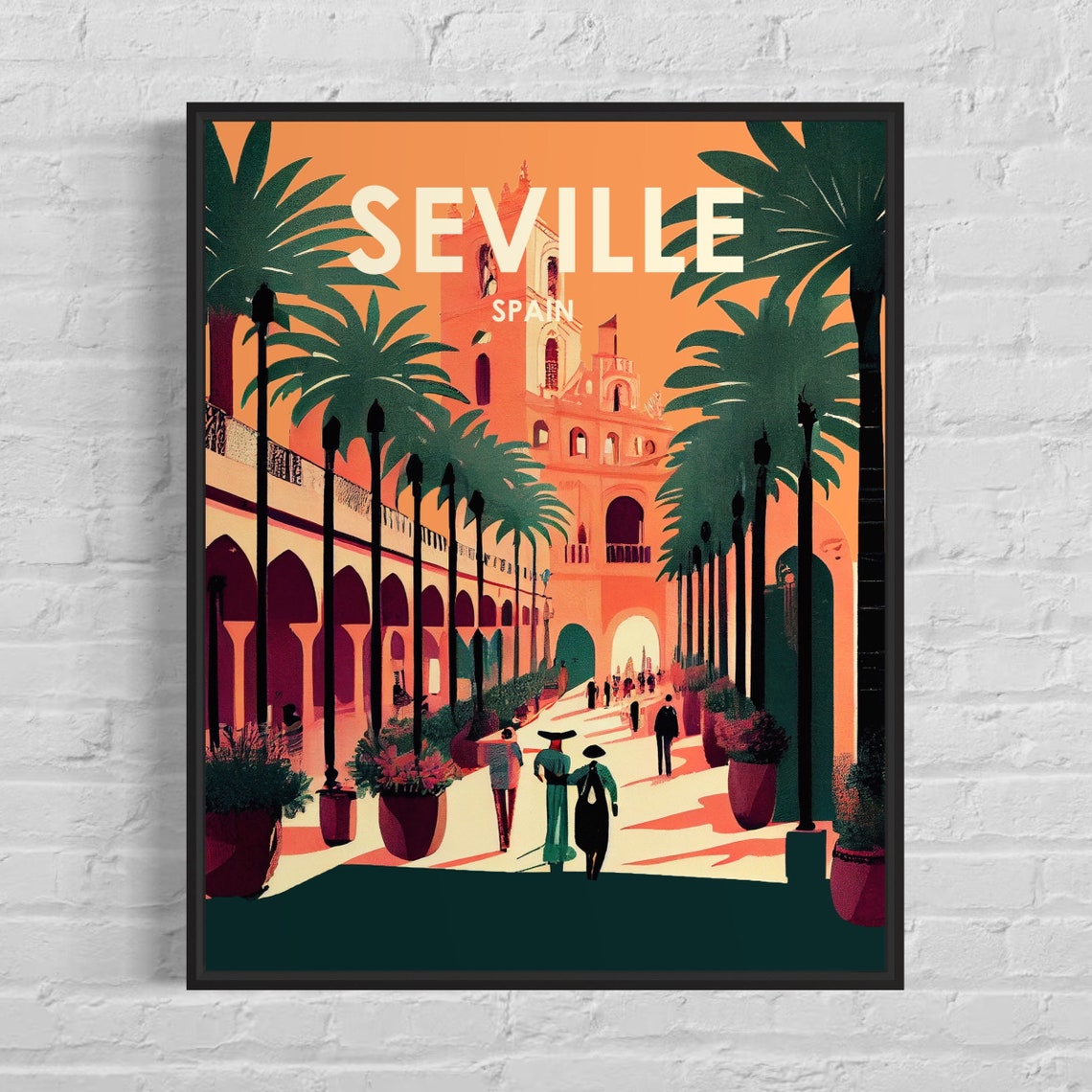 Seville Spain Retro Palm Promenade Cathedral Vintage Travel Poster