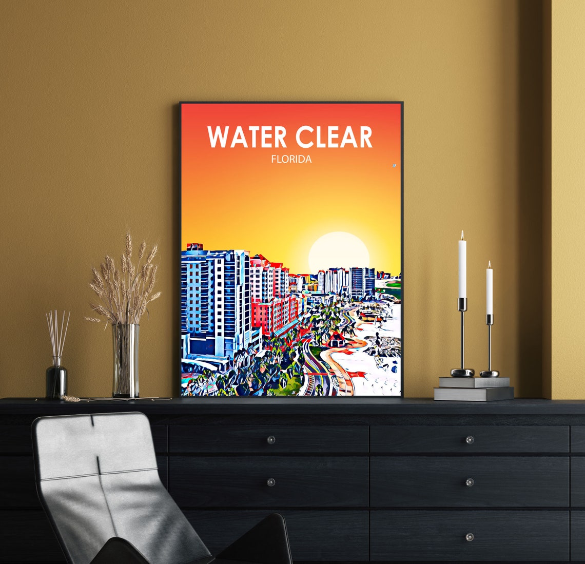 Water Clear Florida Sunset Beachfront Skyline Painted Artwork Poster - Image 2