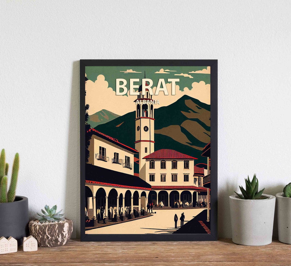 Berat Albania Retro Old Town Clock Tower Mountain Travel Poster Art - Image 3