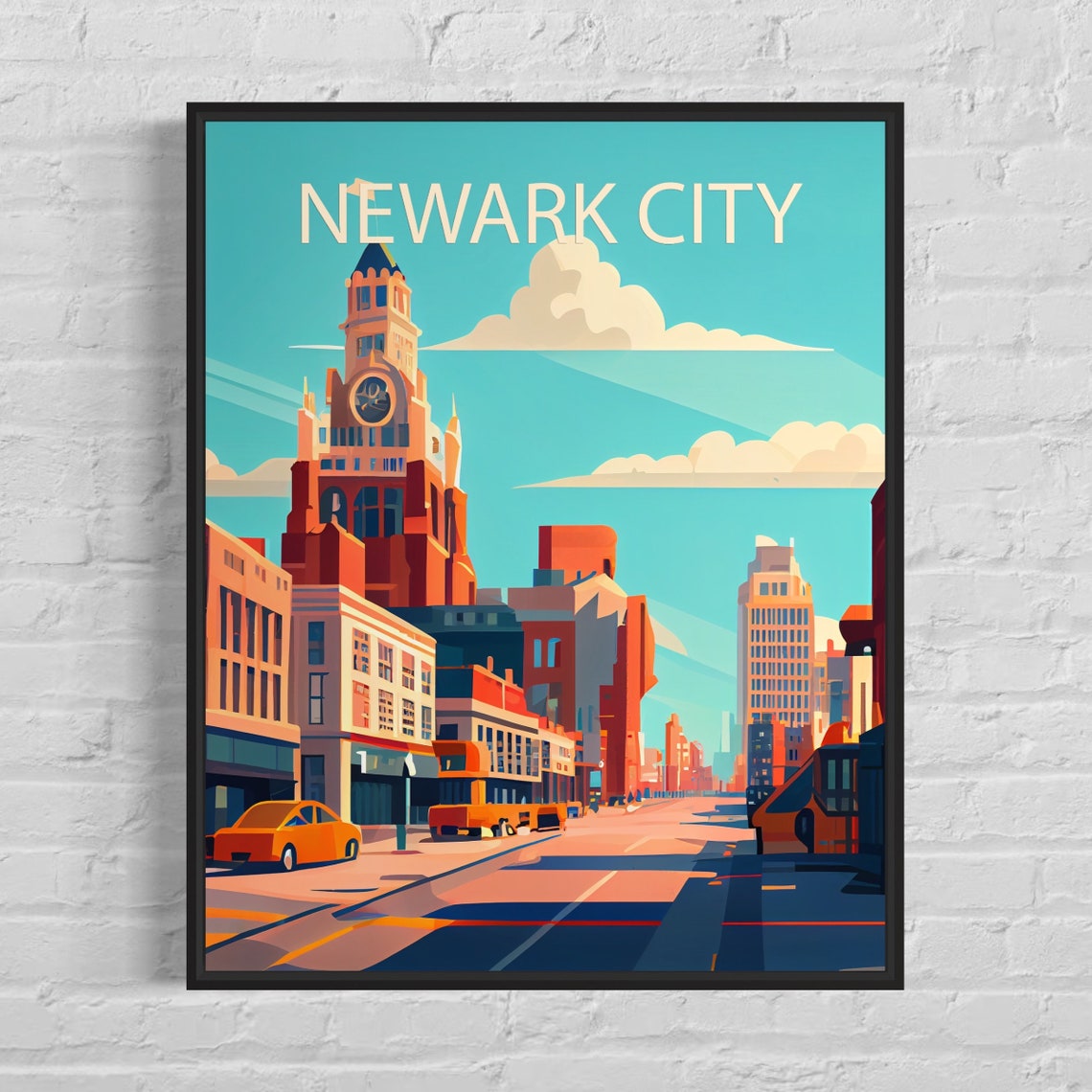 Newark City Historic Clock Tower Street Vintage Scene Poster