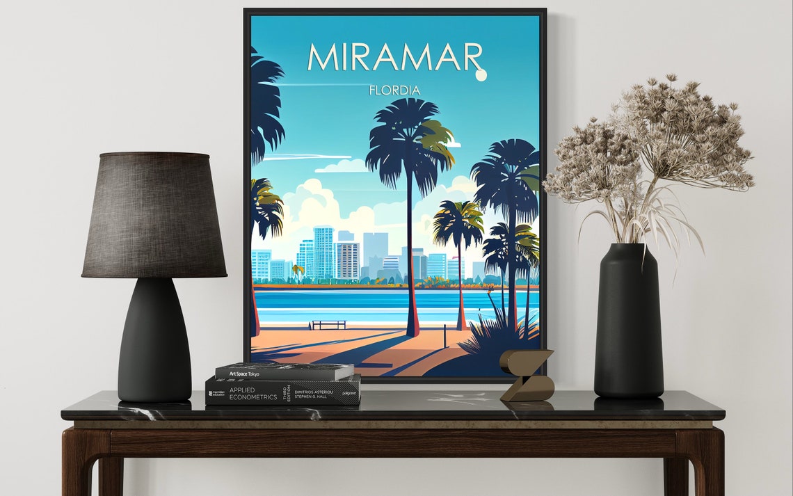 Miramar Florida Palm Trees Beach Skyline Sunset Retro Travel Poster - Image 2