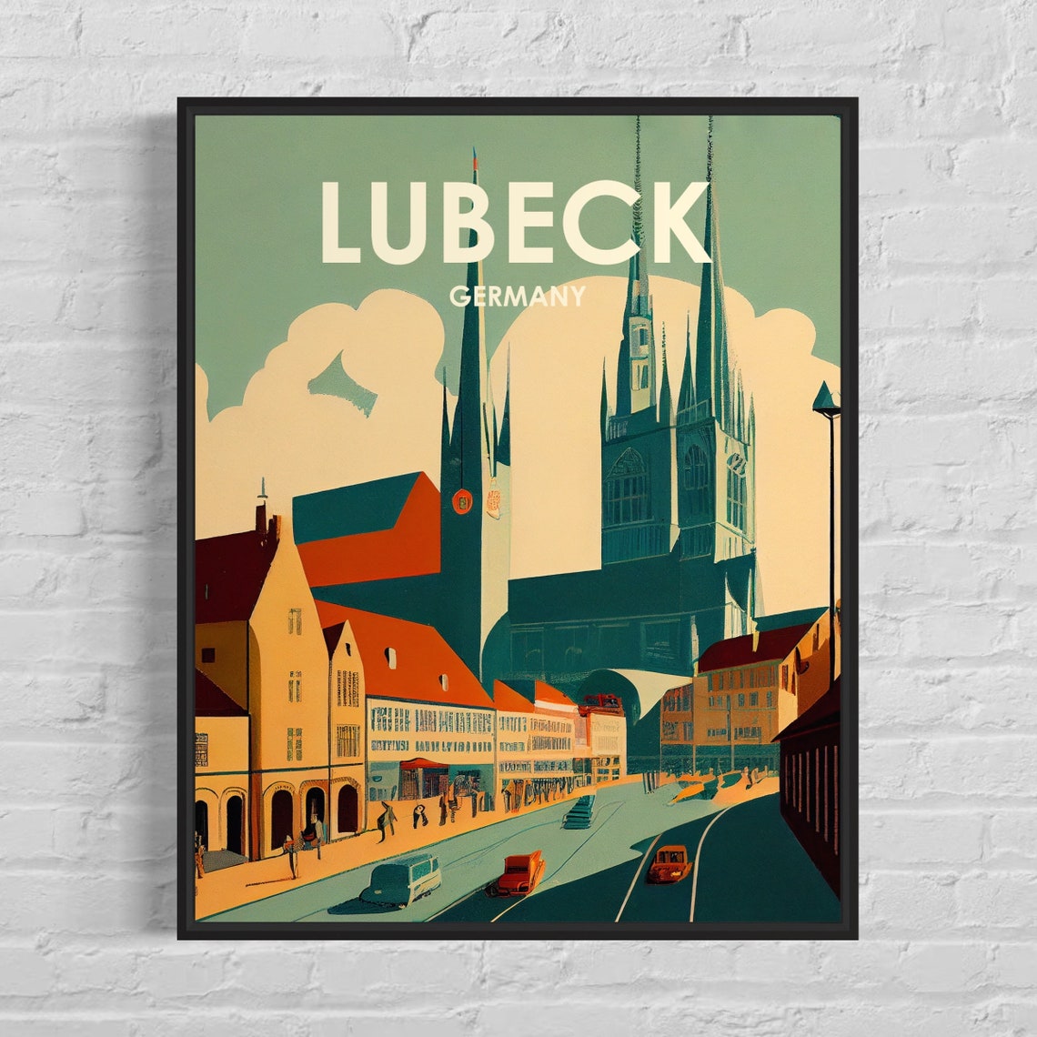 Lubeck Germany Historic Old Town Church Spires Vintage Travel Poster