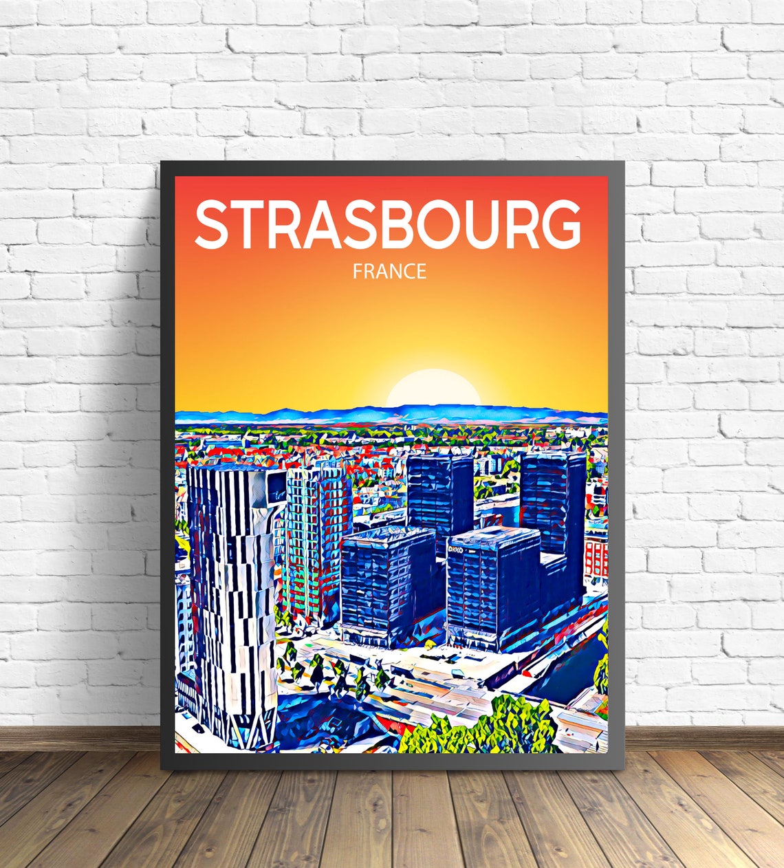 Strasbourg France Sunset Skyline Modern Office Towers Art Poster