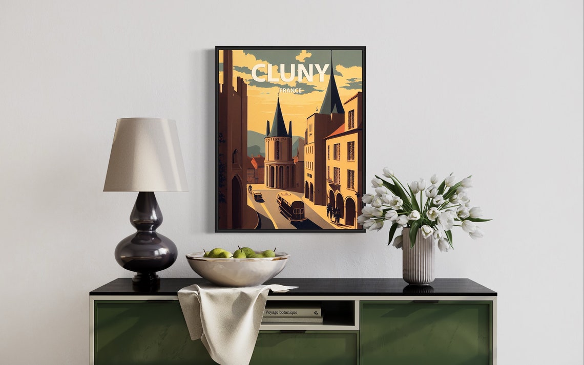 Cluny France Charming Old Town Church Spire Sunset Travel Poster - Image 2