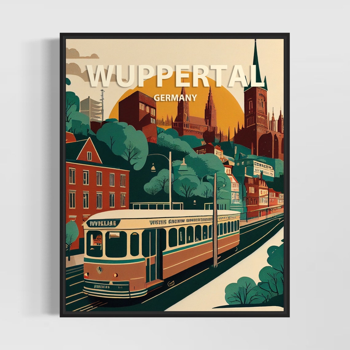 Wuppertal Germany Sunset Tram Vintage Retro Travel Poster Art