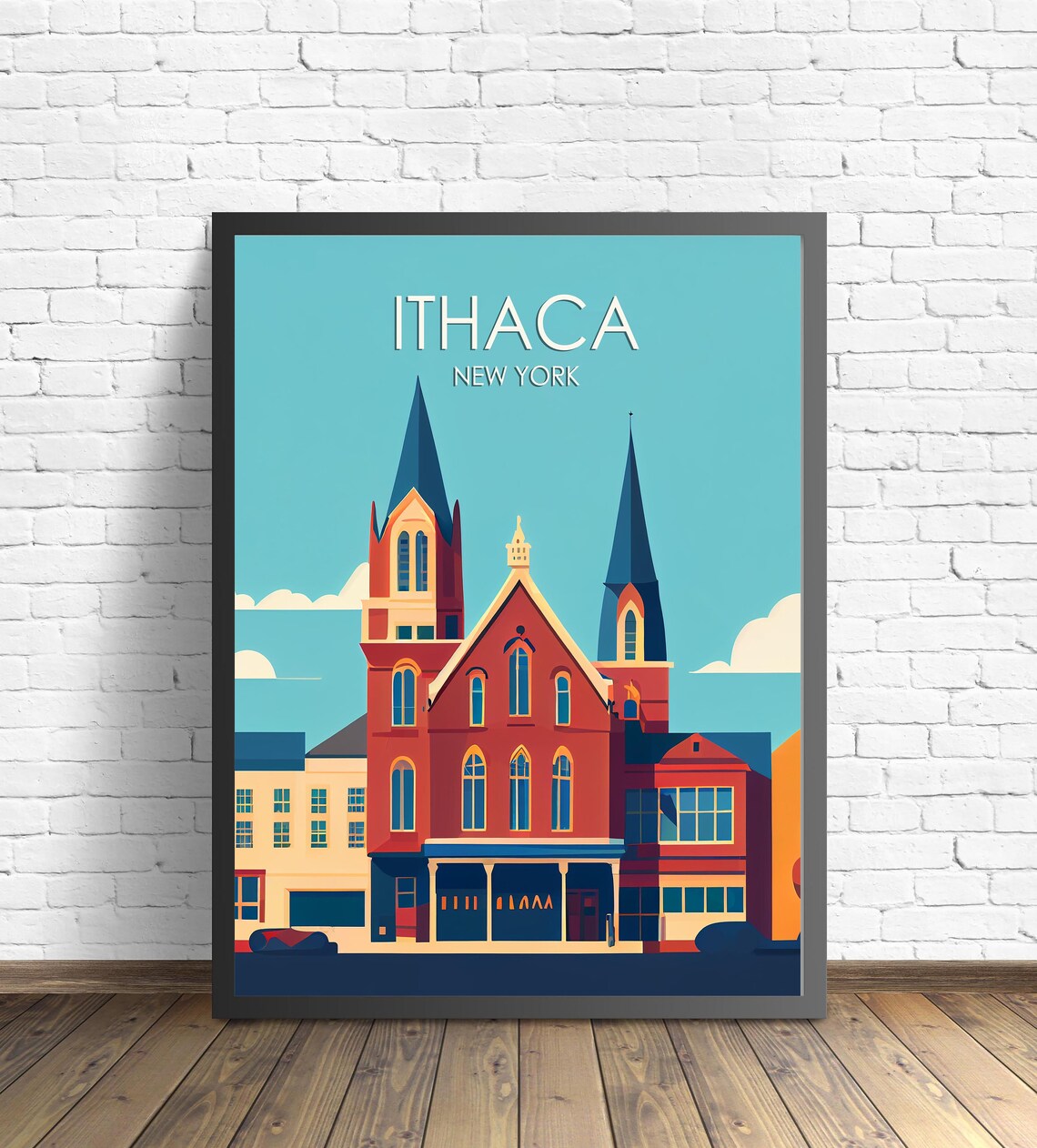 Ithaca New York Historic Twin Spire Church Retro Travel Poster
