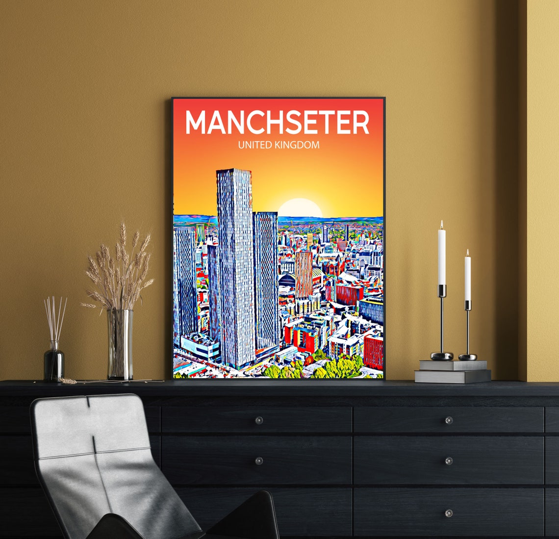 Manchester England Modern Glass Towers Sunset Skyline City Poster - Image 3