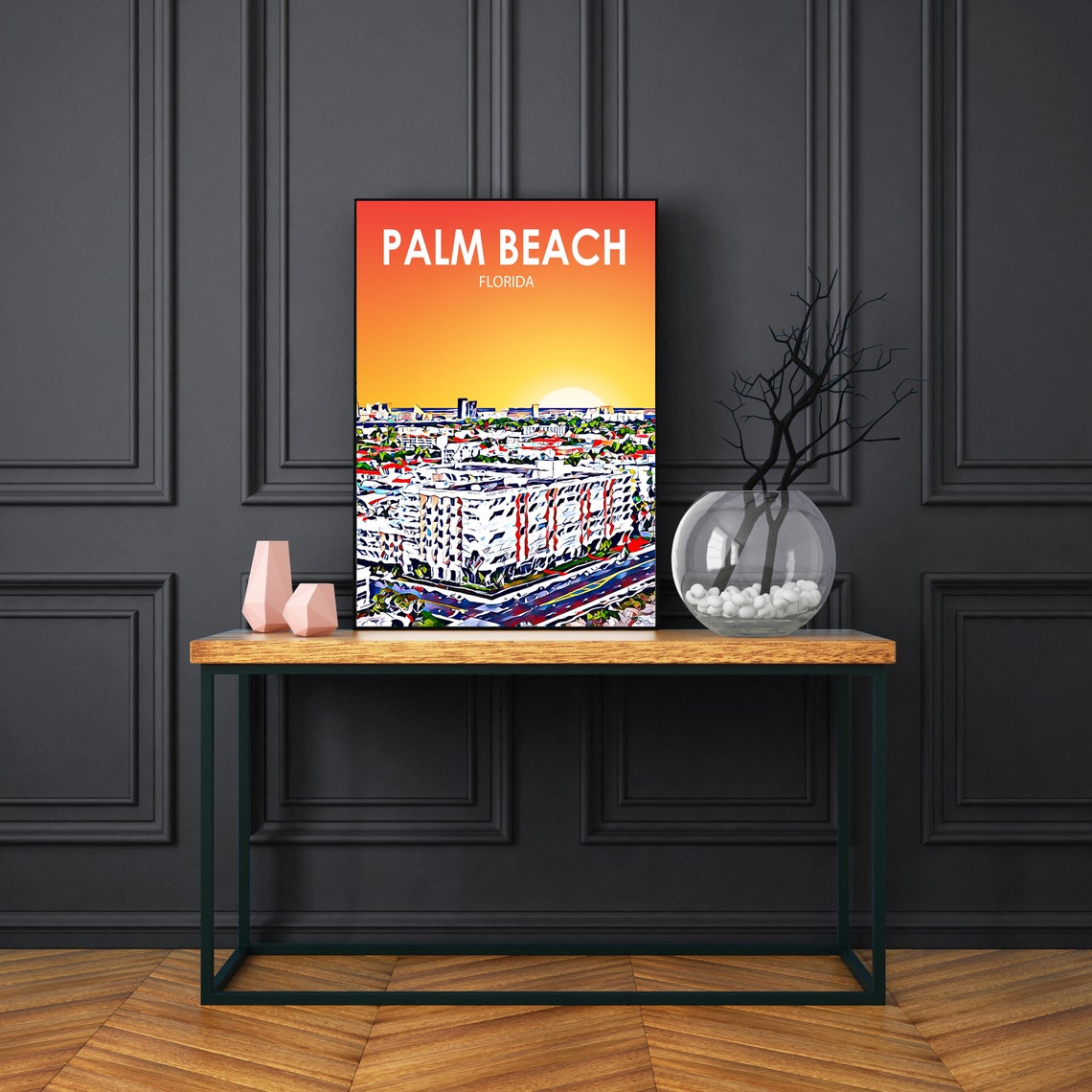 Palm Beach Florida Colorful Sunset Skyline City Travel Poster - Image 3