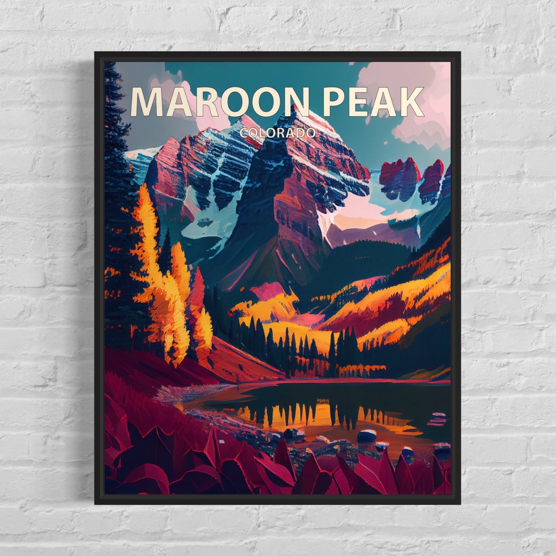 Maroon Peak Colorado Striped Cliffs Lake Reflection Fall Art Poster