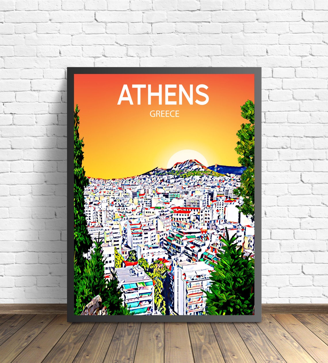 Athens Greece Sunset Skyline Lycabettus Hill Travel Poster Art