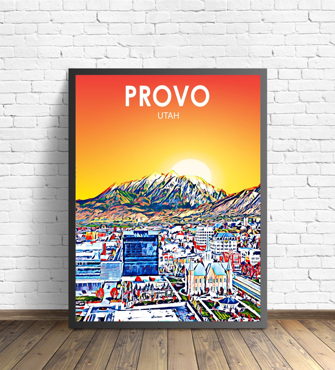 Framed Provo Utah Colorful Sunset Skyline City Travel Poster