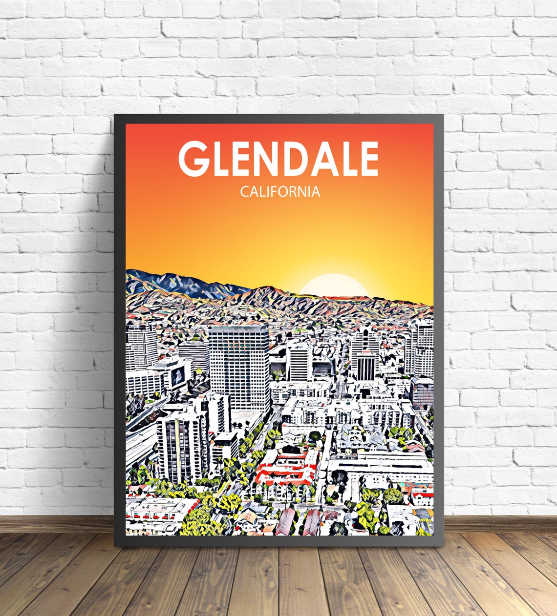 Glendale California Fiery Orange Sunset Skyline City Art Poster