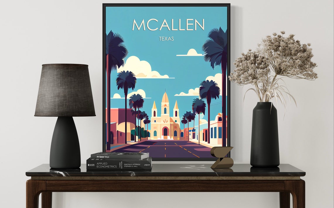McAllen Texas Palm Lined Mission Street Retro Travel Poster Art - Image 2