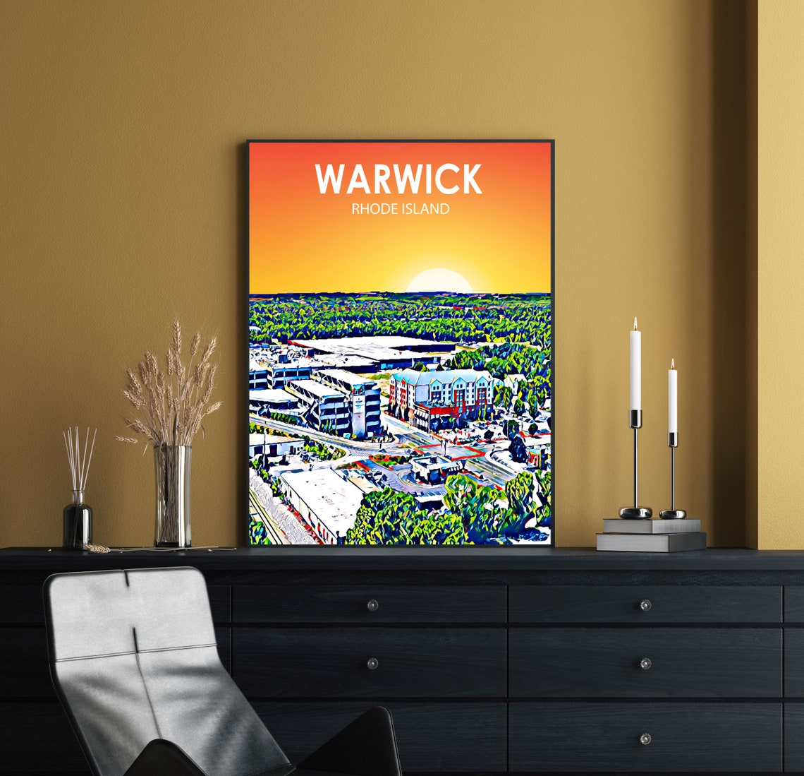 Warwick Rhode Island Sunset Highway Skyline Painted Artwork Poster - Image 2