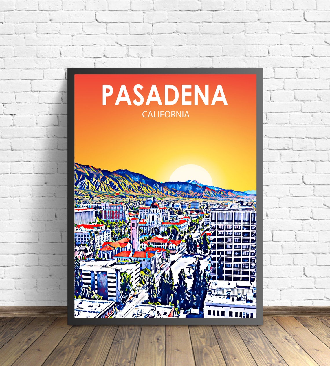 Pasadena California Colorful Sunset Skyline City Travel Poster
