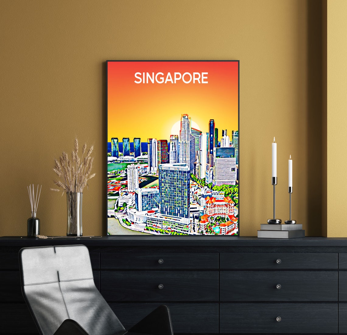 Singapore Sunset Skyline Marina Bay Colorful City Sketch Poster - Image 2
