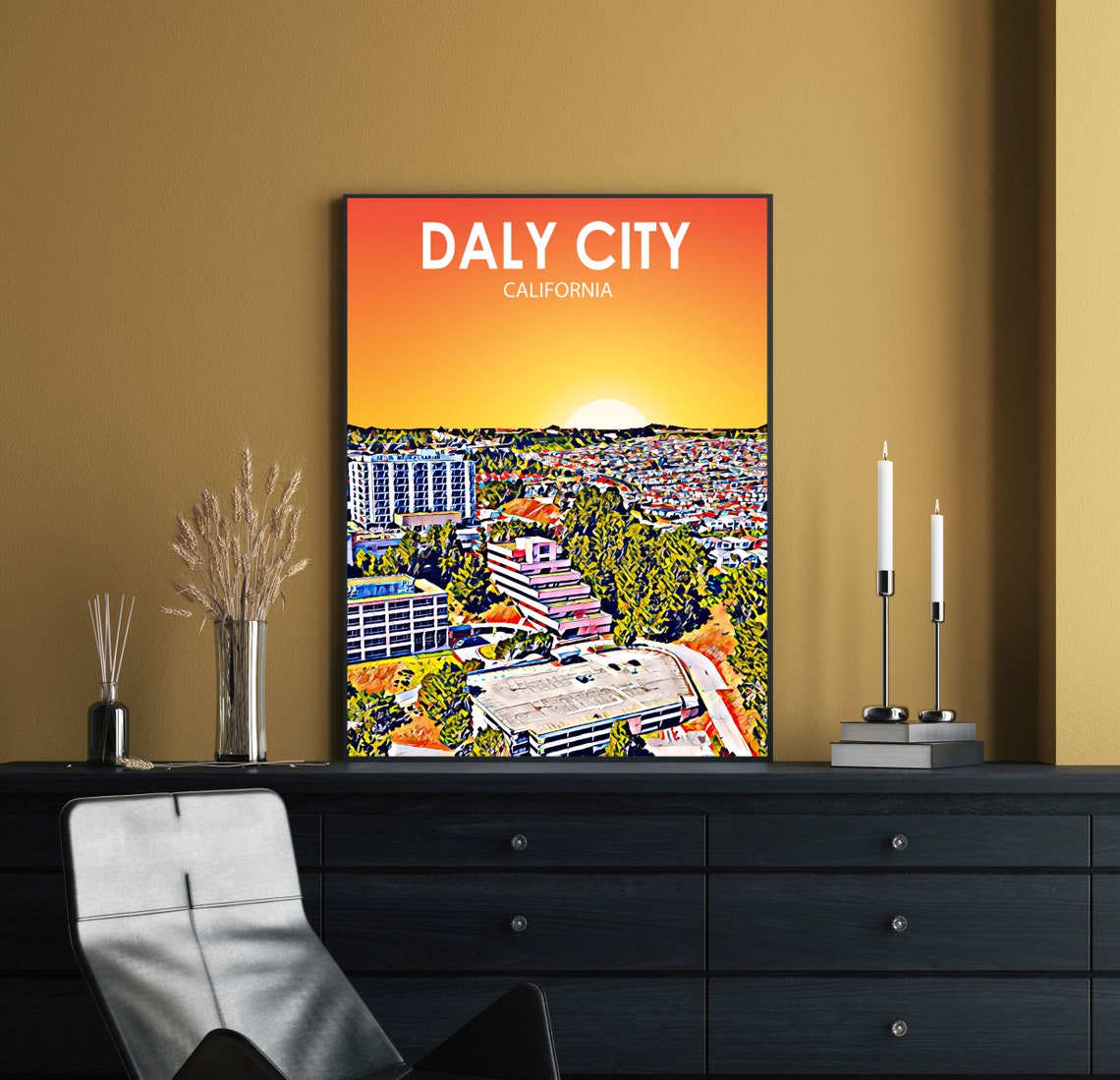 Daly City California Art Poster Sunset Landscape Poster Print Daly City Framed Wall Art United States Colorful Skyline Sketch Photo Decor - Image 2