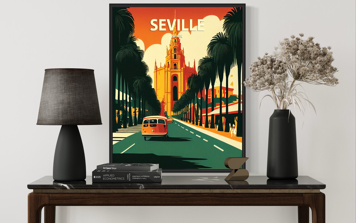 Seville Spain Giralda Tower Palm Lined Street Retro Travel Poster - Image 3