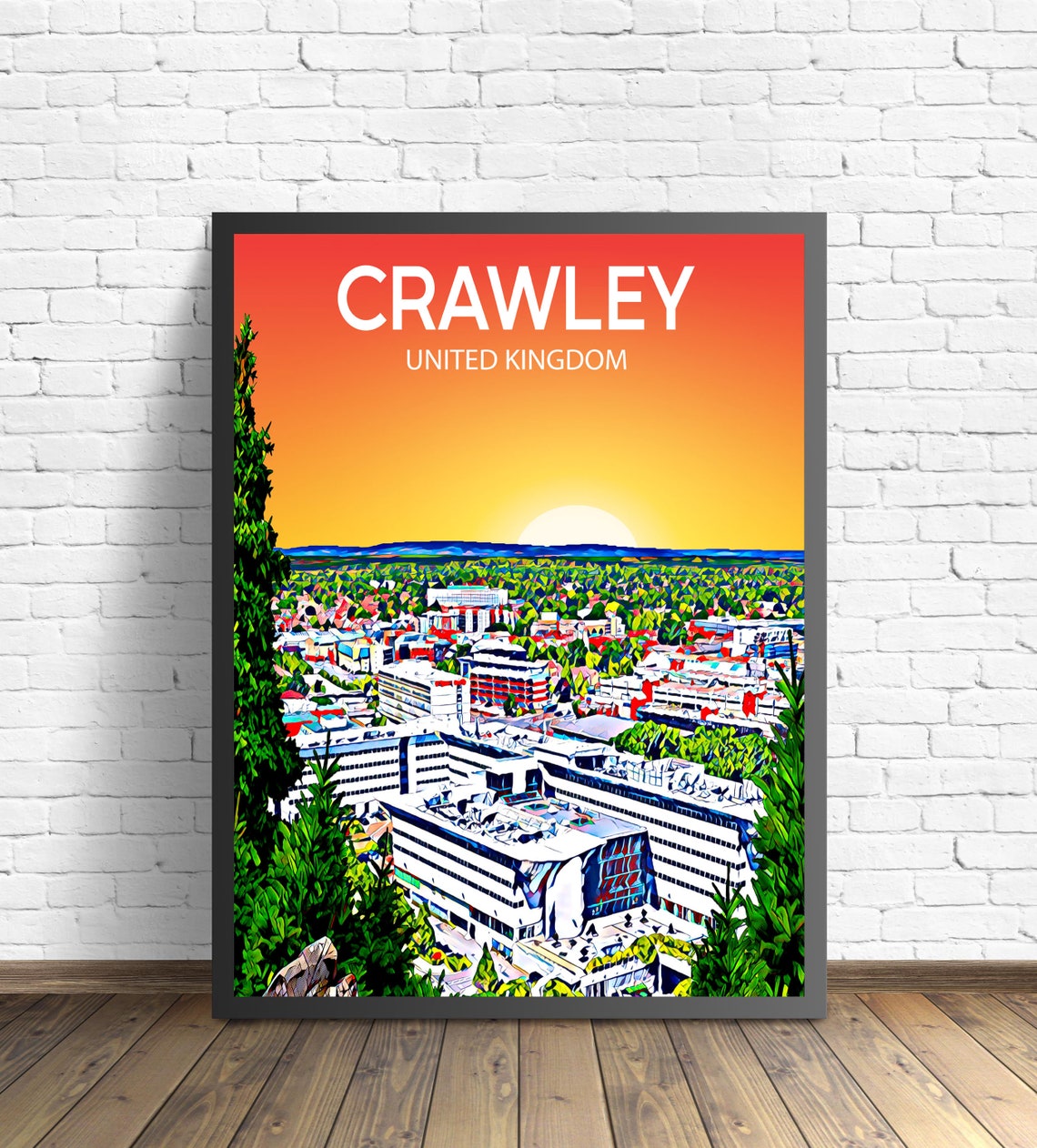 Crawley United Kingdom Sunset Skyline Pop Art City Travel Poster