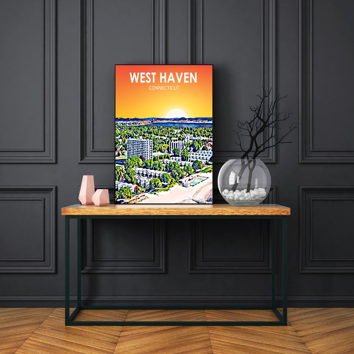 West Haven Connecticut Sunset Harbor Skyline Painted Artwork Poster - Image 3