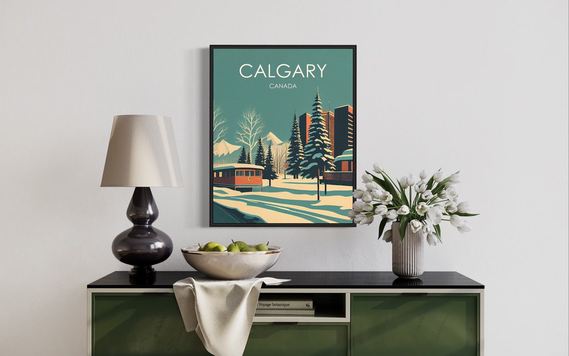 Calgary Canada Snowy Winter Cityscape Retro Vintage Travel Poster - Image 3