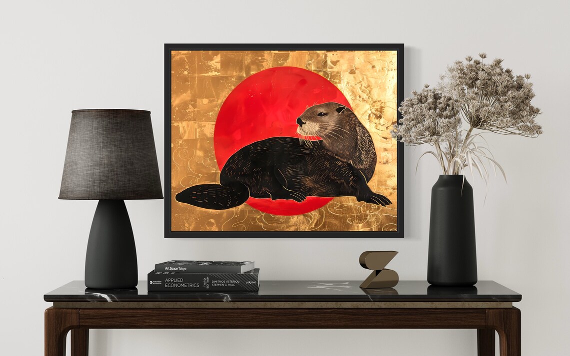 Sea Otter Art Print Red And Gold Wall Art Decoration Artwork - Image 2