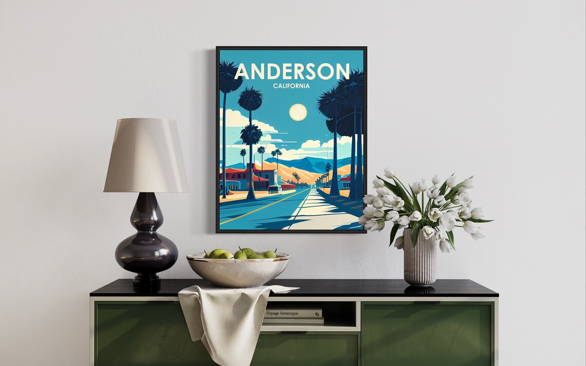 Anderson California Retro Palm Lined Main Street Sunny Day Poster - Image 3