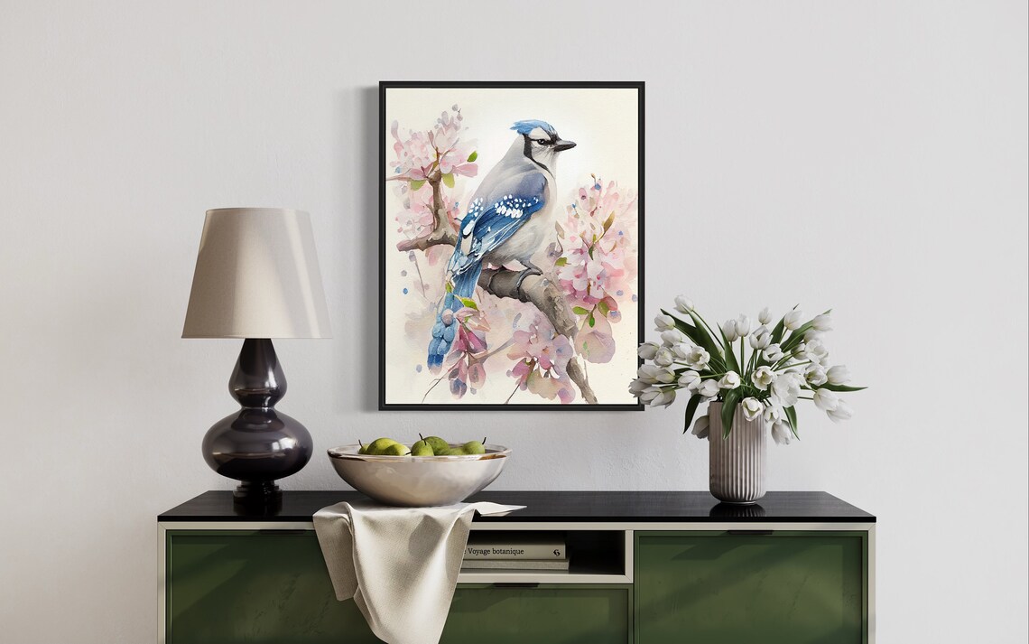 Elegant Blue Jay Watercolor on Pink Blossom Branch Art Poster - Image 2