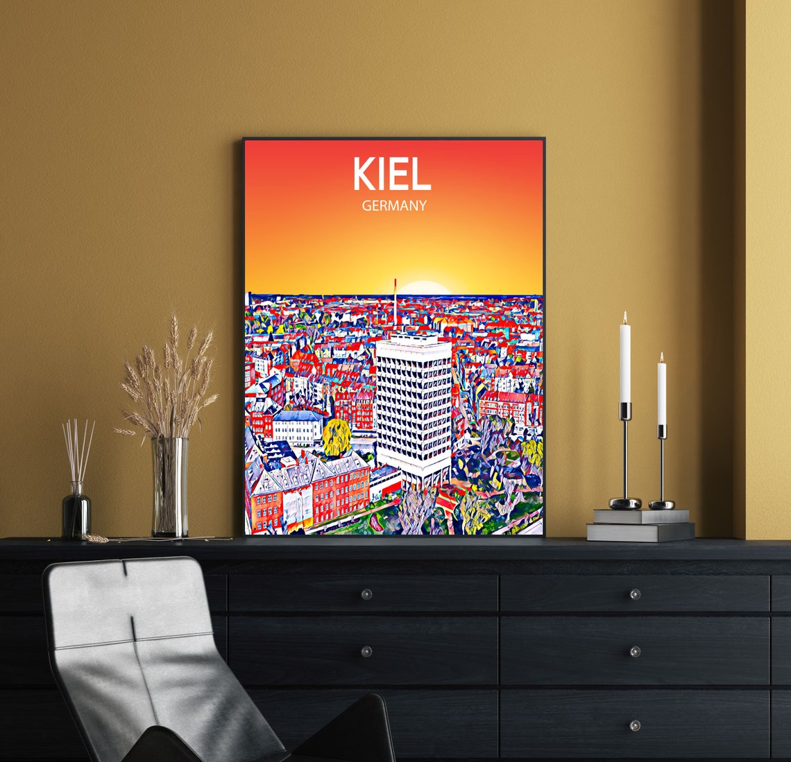 Colorful Kiel Germany Sunset Aerial Skyline City Sketch Poster - Image 2