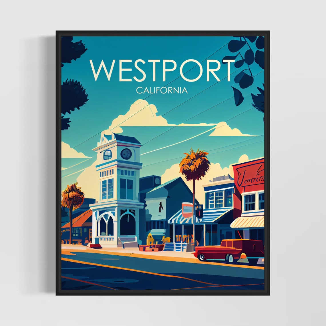 Westport California Clock Tower Downtown Retro Travel Poster