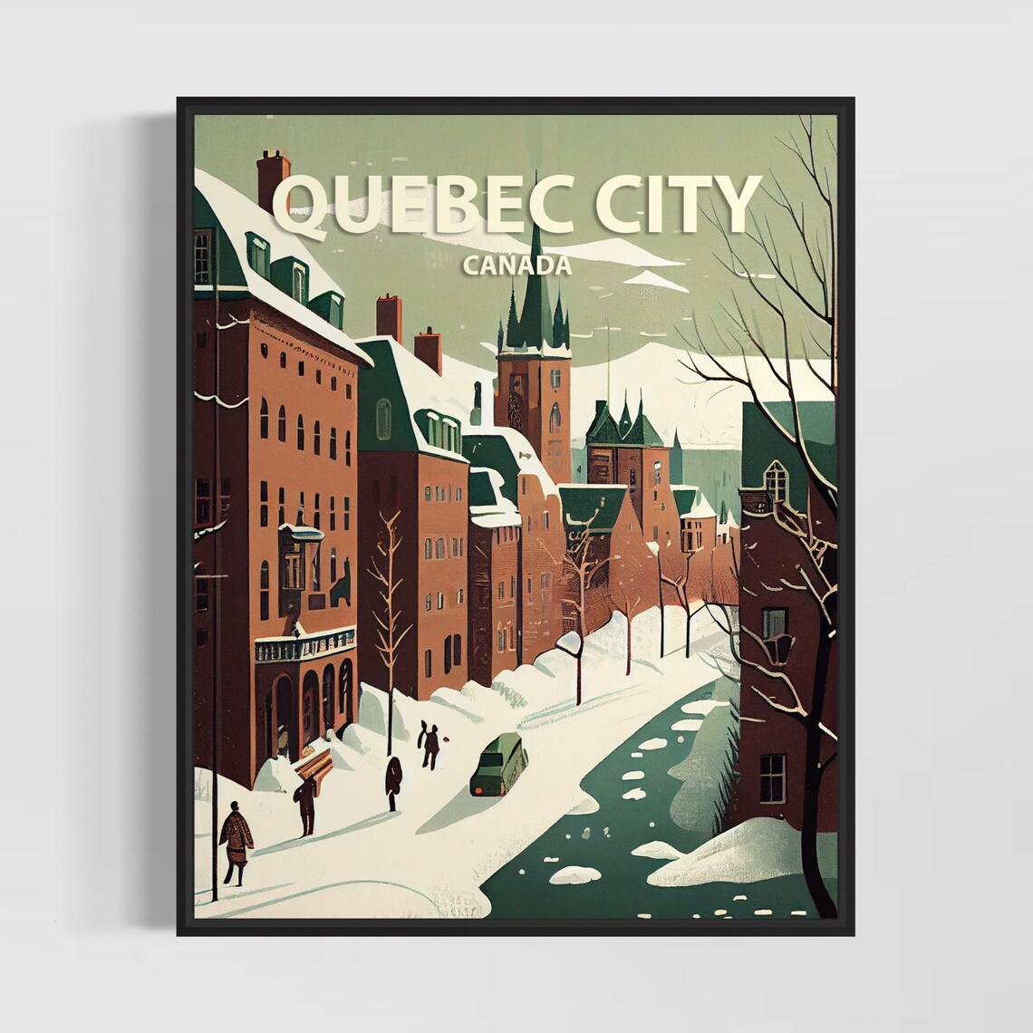 Quebec City Canada Snowy Old Town Winter Retro Travel Poster