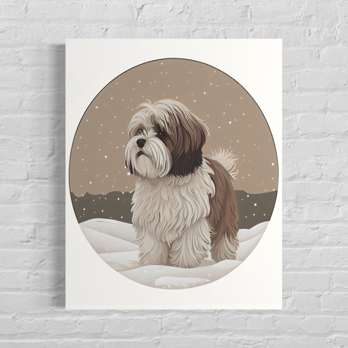 Fluffy Havanese Dog Standing in Falling Snow Winter Pet Art Poster