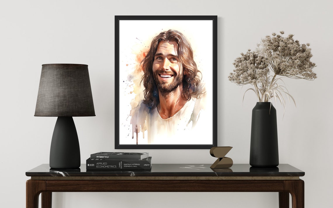 Smiling Jesus Christ Watercolor Portrait Religious Art Poster - Image 2