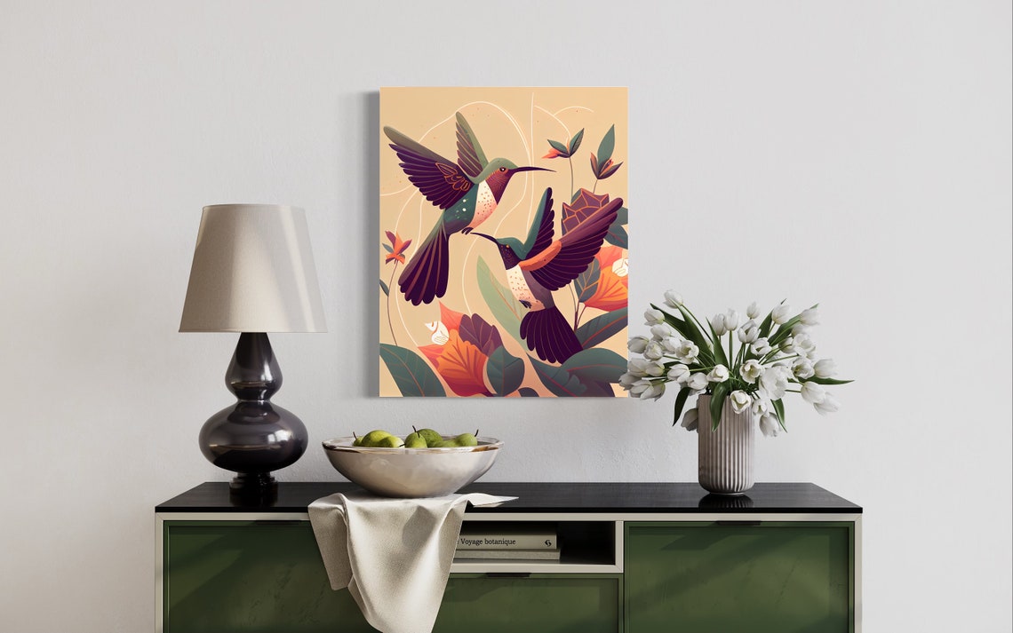 Vintage Hummingbirds Art Deco Style Floral Pair Nature Poster - Image 3