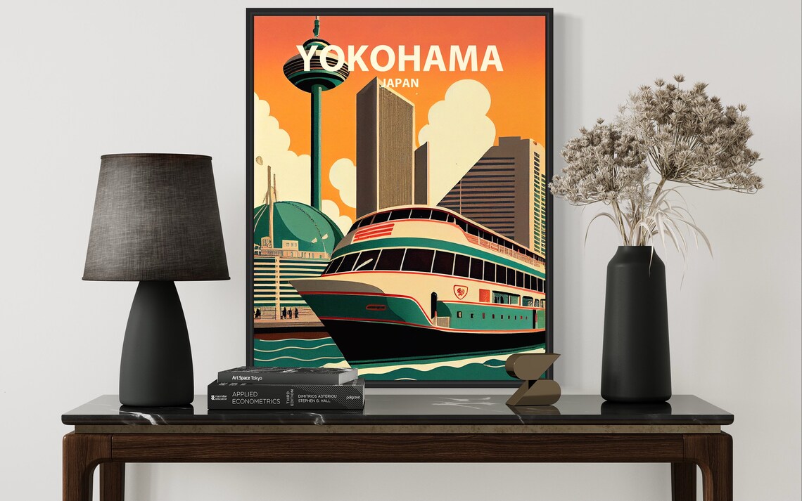 Yokohama Japan Harbor Ferry Marine Tower Sunset Retro Poster - Image 3