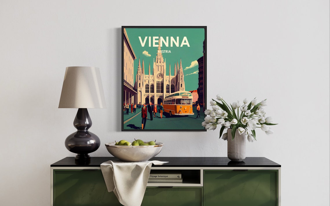 Vienna Austria Vintage Cathedral Lively City Square Bus Poster - Image 2