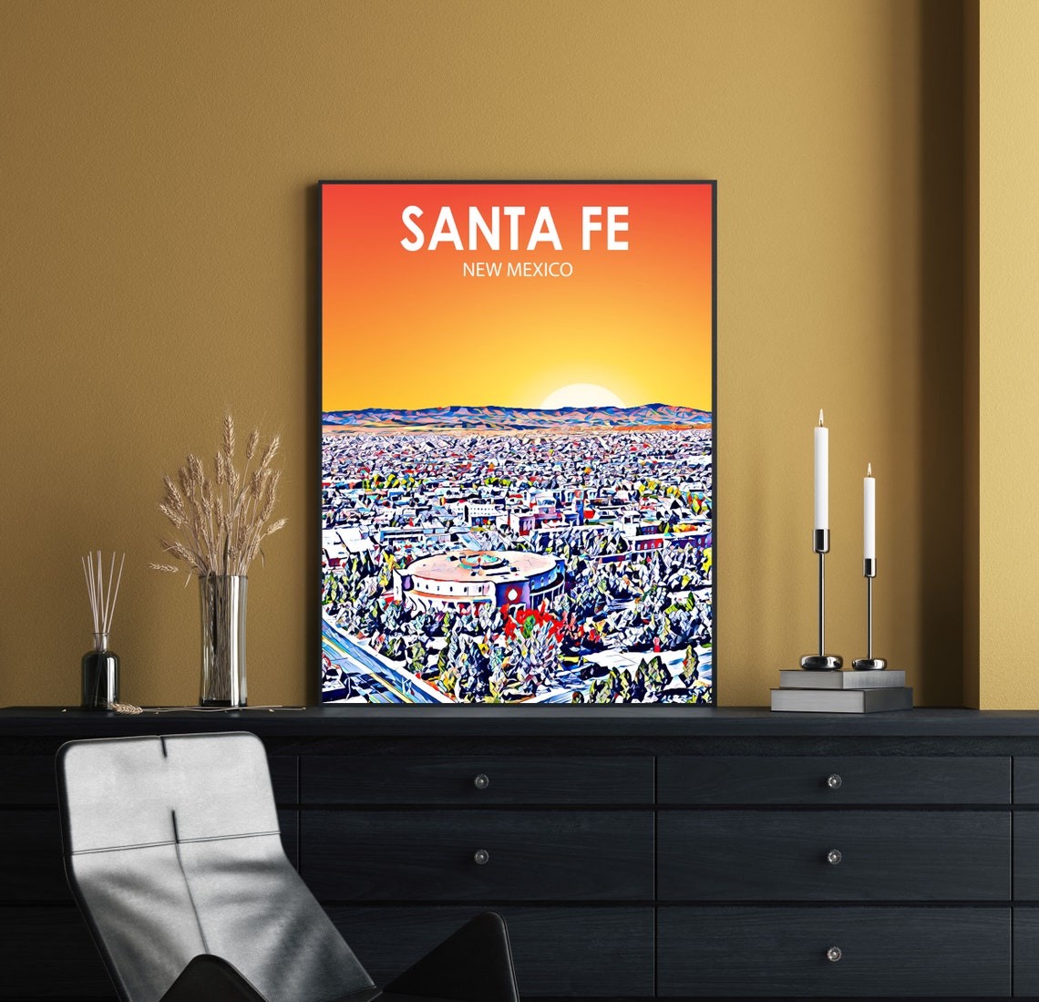 Santa Fe New Mexico Sunset Cityscape Colorful Pop Art Sketch Poster - Image 3