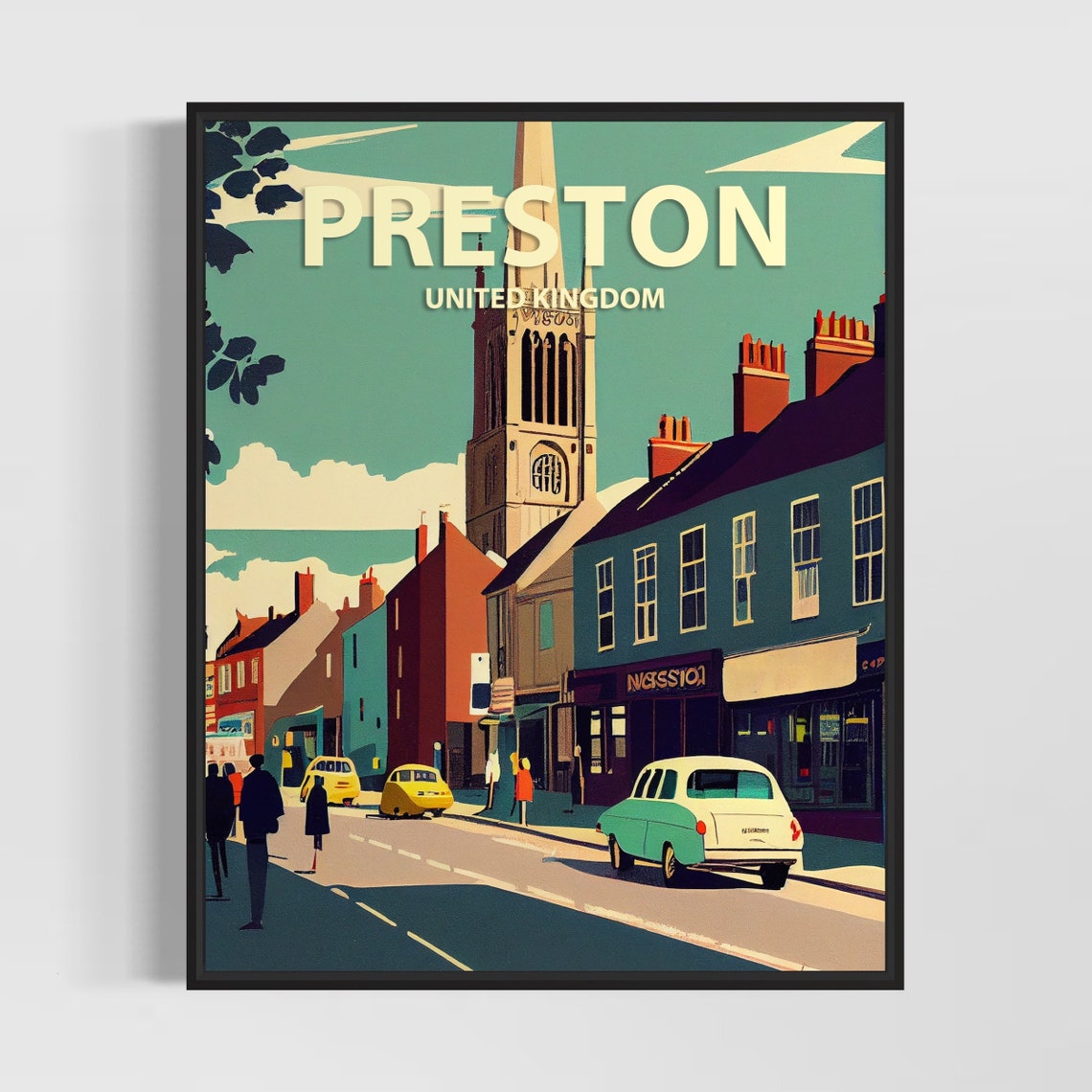 Preston United Kingdom Vintage Church High Street Scene Poster