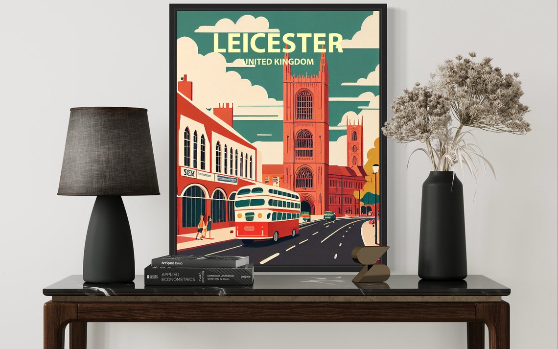 Leicester United Kingdom Cathedral Bus Vintage Travel Poster - Image 3